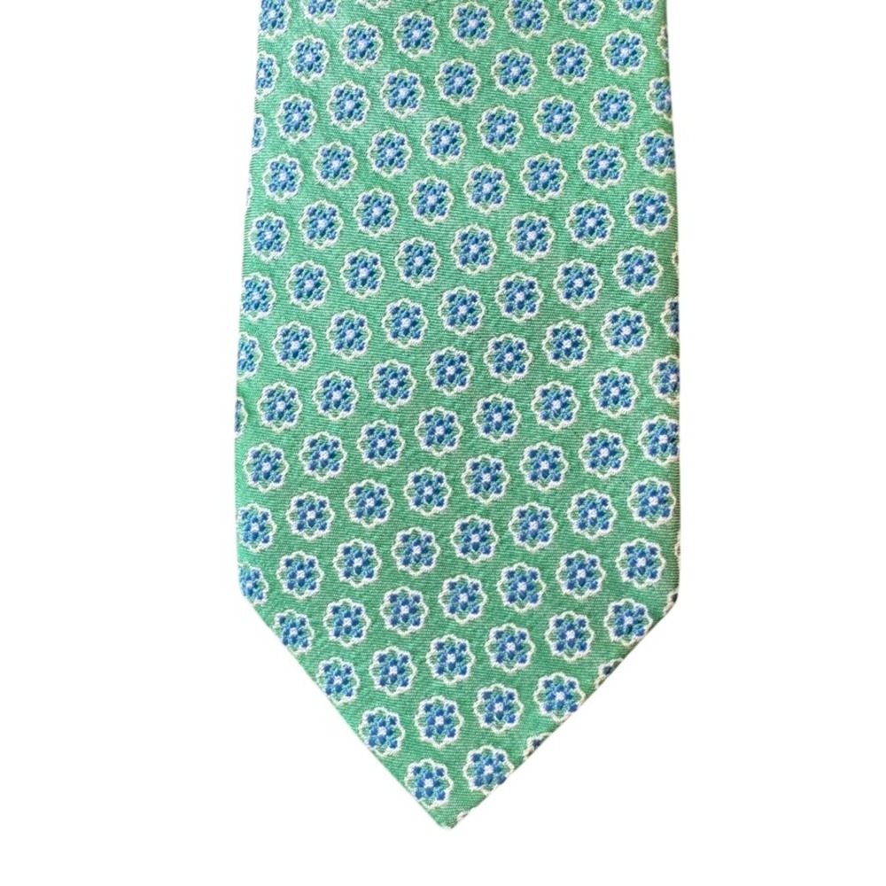 Knottery New York Mens Silk Tie Green Blue Floral Medallion Geometric 3.25 Inch